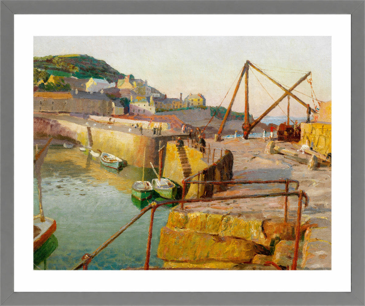 Harold Harvey Print, Mousehole (1939) in a light grey frame