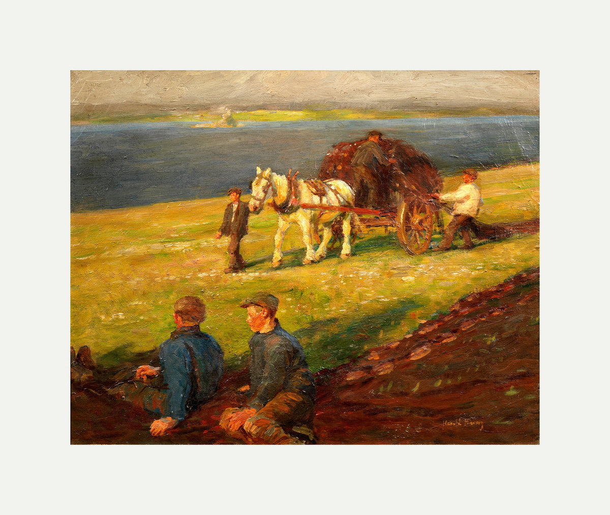 Harold Harvey Print, Spreading the nets with an off-white border for rolled canvas