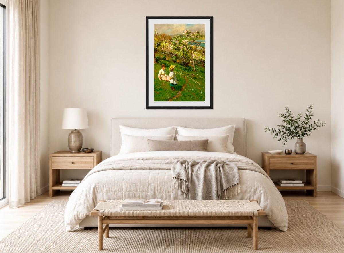 Harold Harvey Print, Springtime In The Orchard displayed above a bed