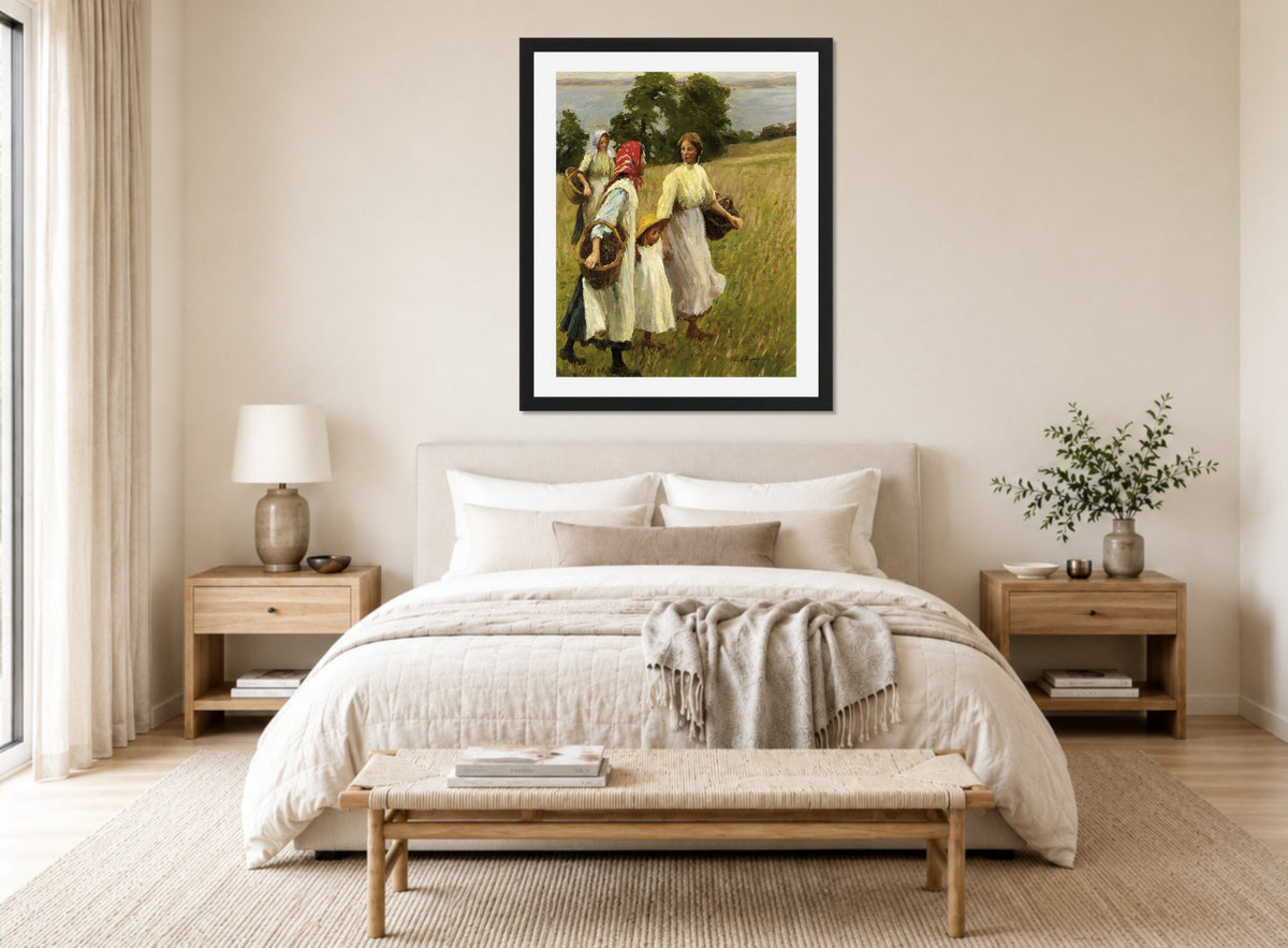 Harold Harvey Print, The Blackberry Harvest displayed above a bed