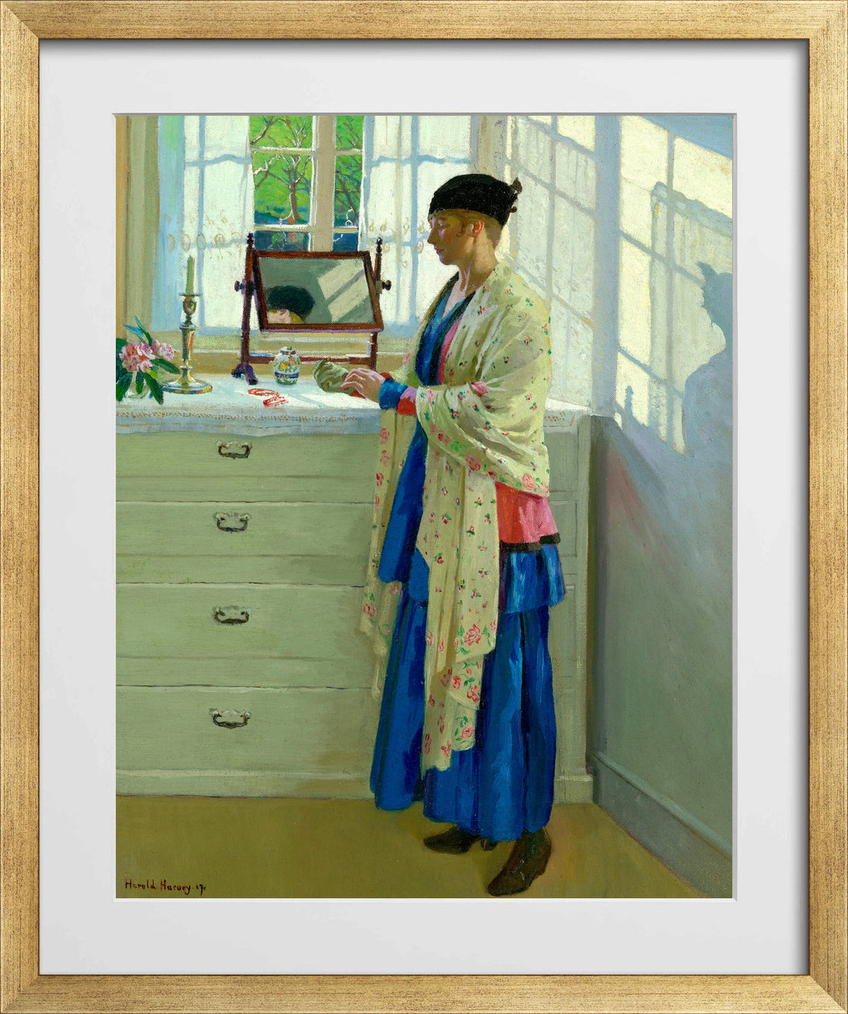 Harold Harvey Print, The Blue Gown (1917) in a gold frame