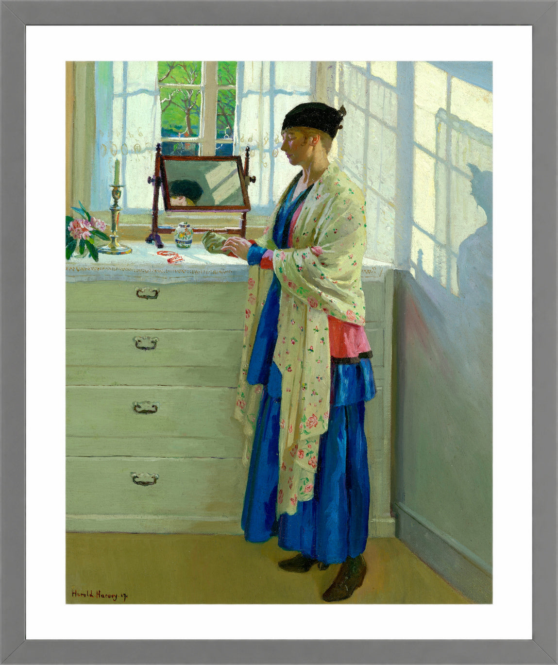 Harold Harvey Print, The Blue Gown (1917) in a light grey frame