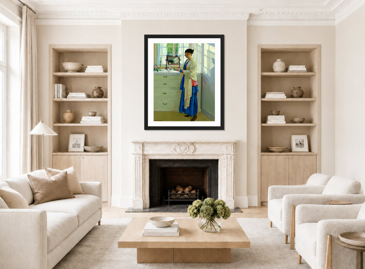 Harold Harvey Print, The Blue Gown (1917) displayed in a Scandinavian living room