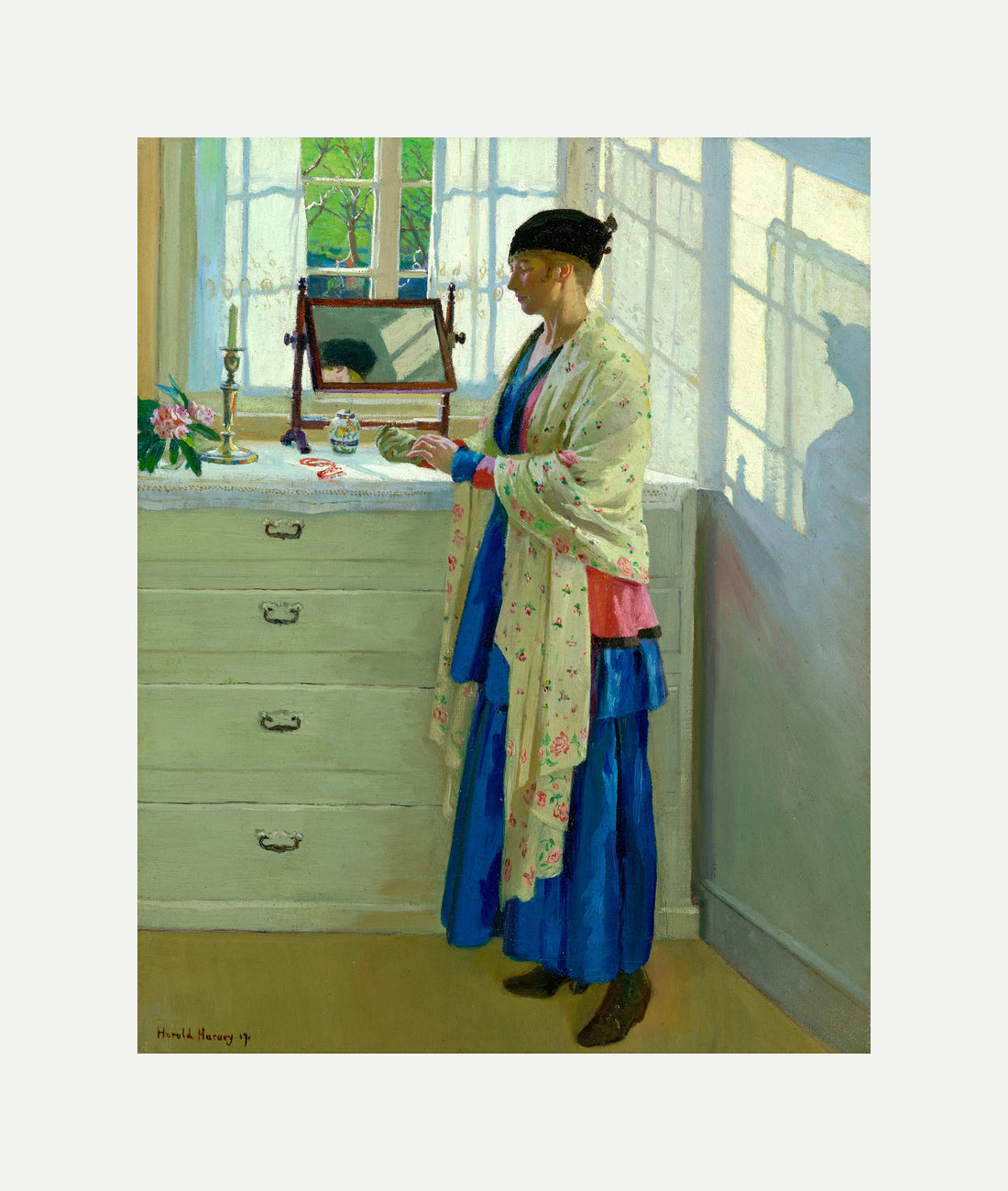 Harold Harvey Print, The Blue Gown (1917) with an off-white border for rolled canvas
