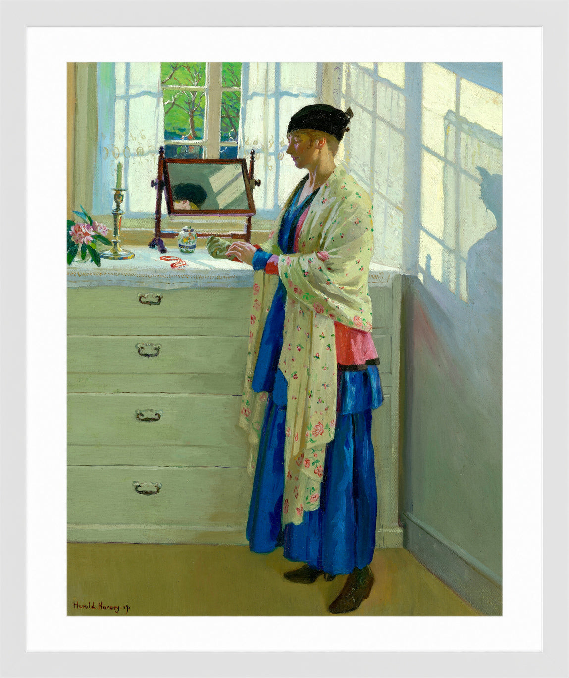 Harold Harvey Print, The Blue Gown (1917) in a white frame