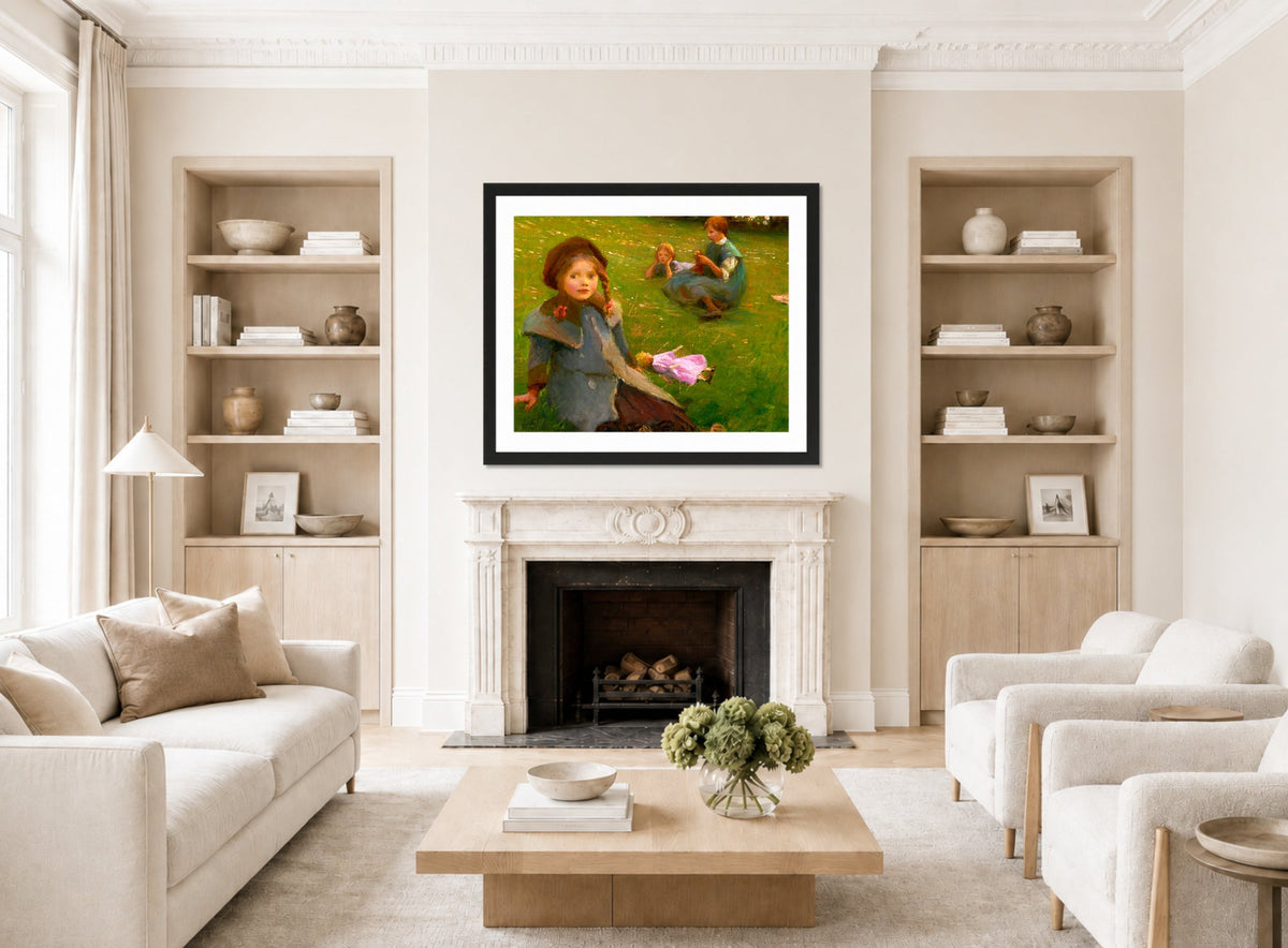 Harold Harvey Print, The lilac doll displayed in a Scandinavian living room