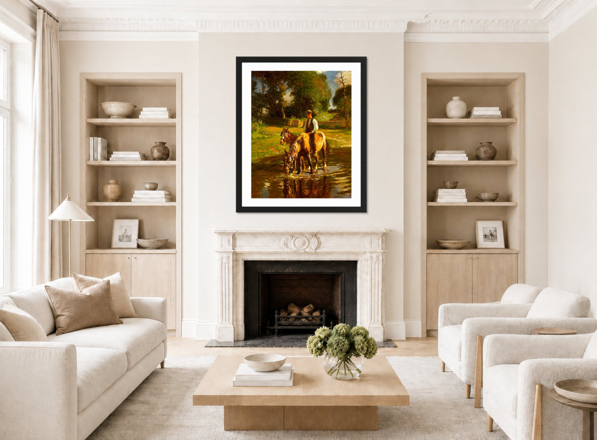 Harold Harvey Print, The watering place displayed in a Scandinavian living room