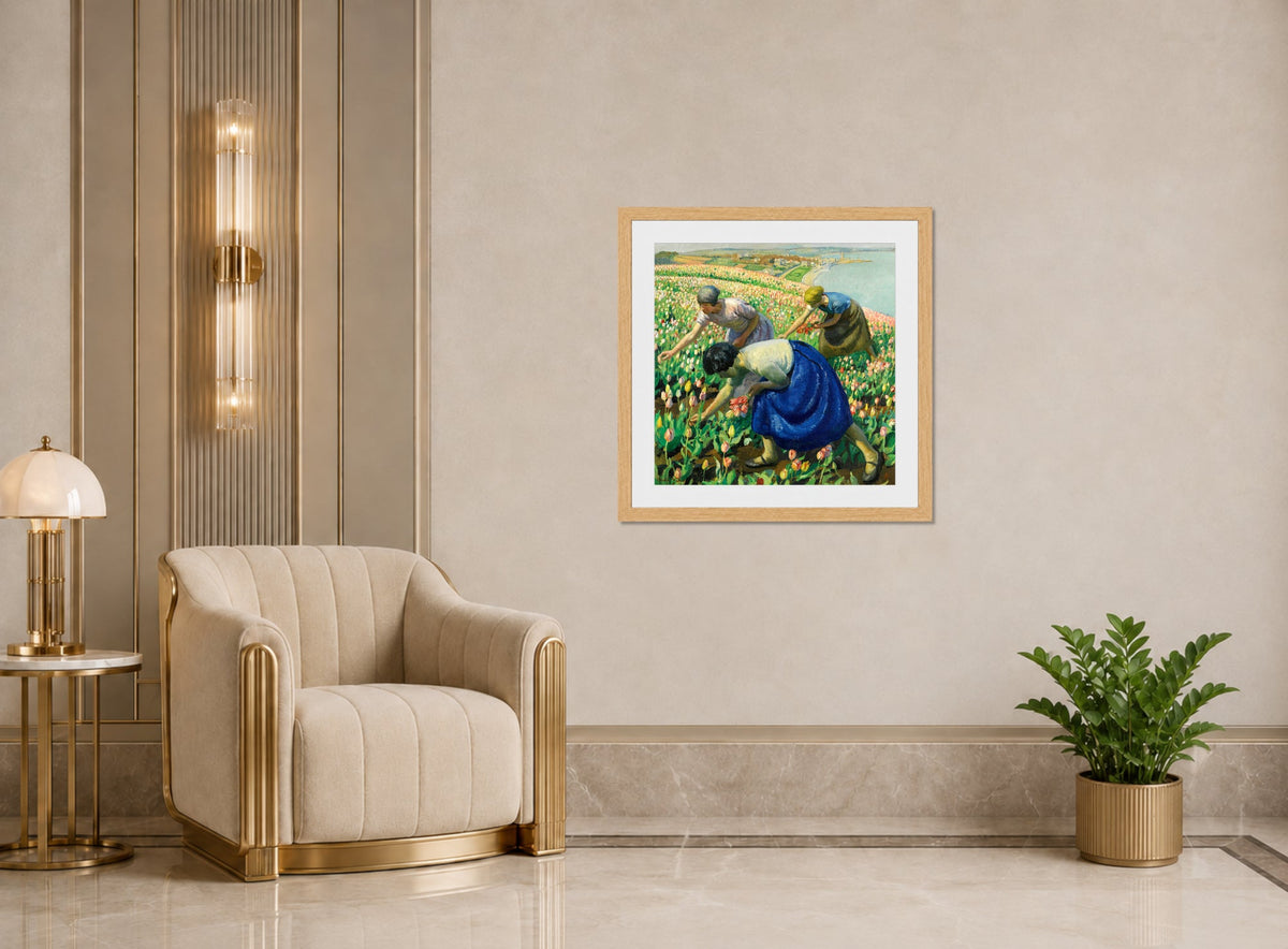 Harold Harvey Print, Tulip Pickers (1926) displayed in an Art Deco interior