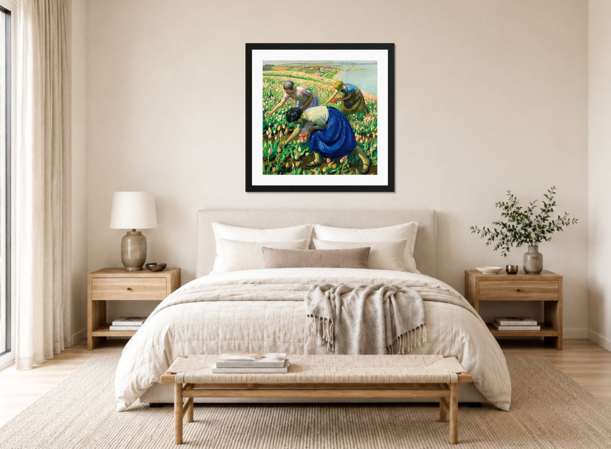 Harold Harvey Print, Tulip Pickers (1926) displayed above a bed
