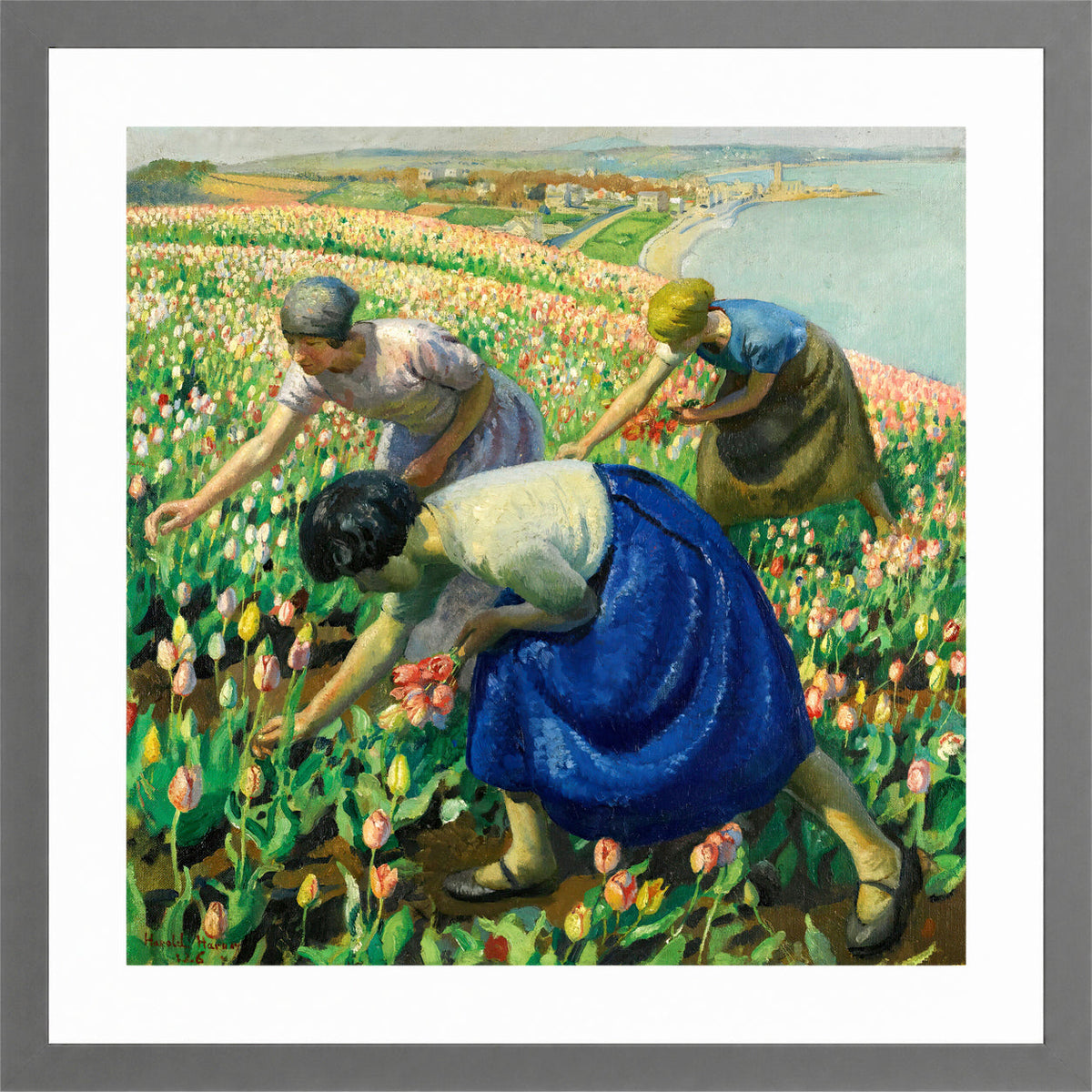 Harold Harvey Print, Tulip Pickers (1926) in a light grey frame
