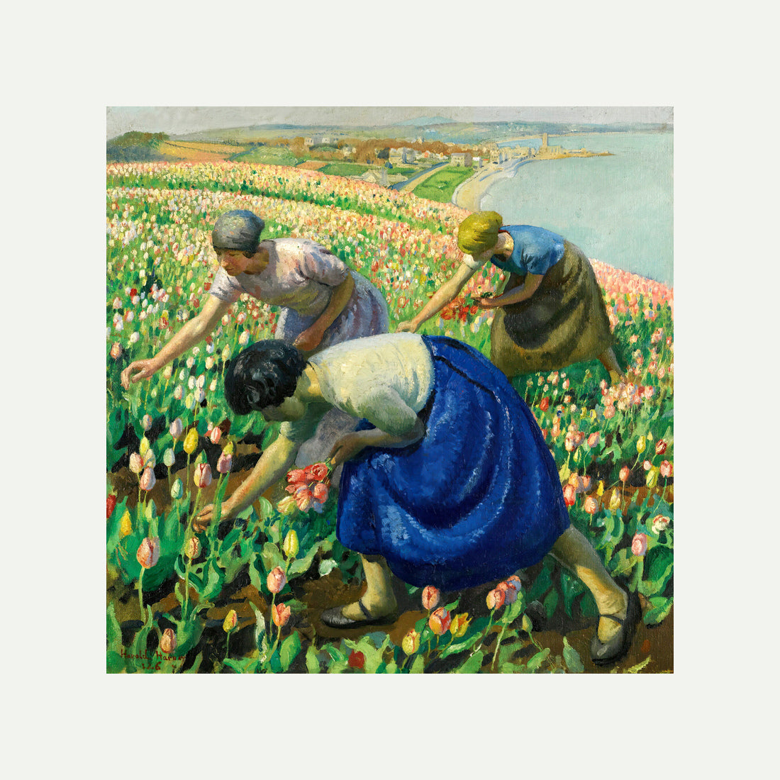 Harold Harvey Print, Tulip Pickers (1926) with an off-white border for rolled canvas