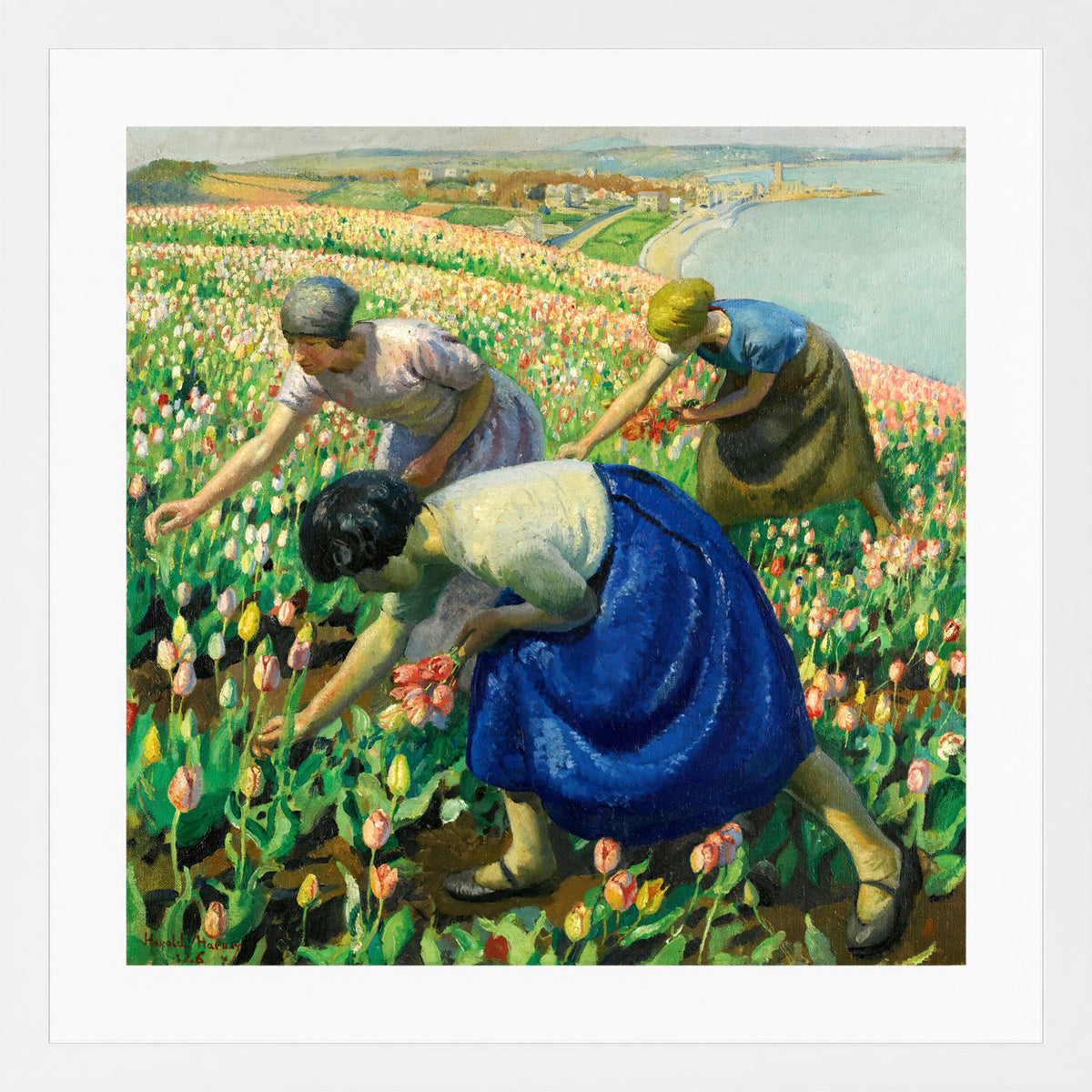 Harold Harvey Print, Tulip Pickers (1926) in a white frame