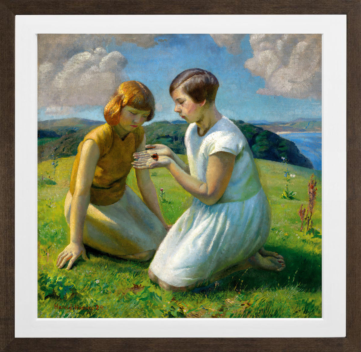 Harold Harvey Print, Two young girls with a butterfly in a brown frame