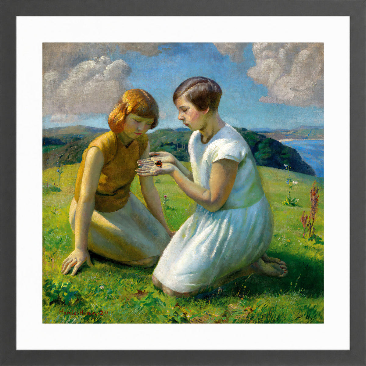 Harold Harvey Print, Two young girls with a butterfly in a dark grey frame