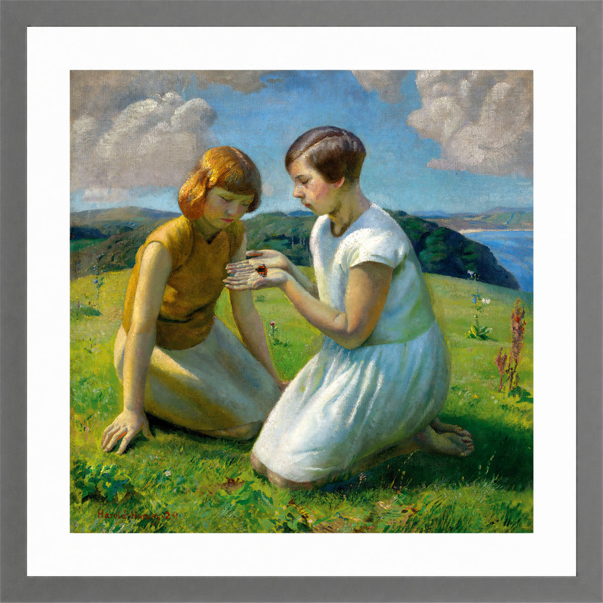 Harold Harvey Print, Two young girls with a butterfly in a light grey frame