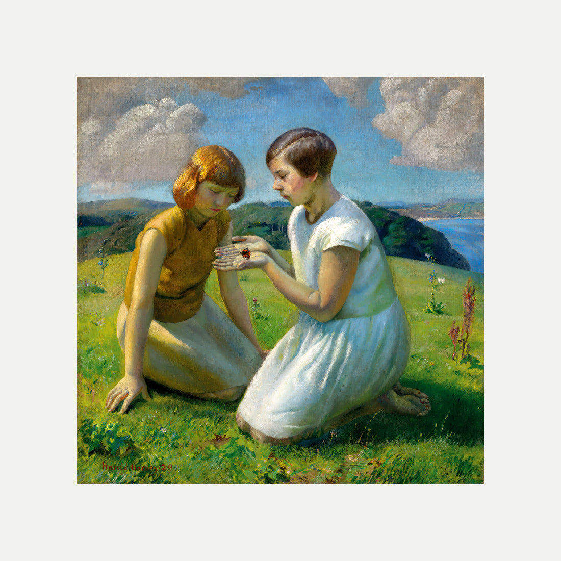 Harold Harvey Print, Two young girls with a butterfly with an off-white border for rolled canvas