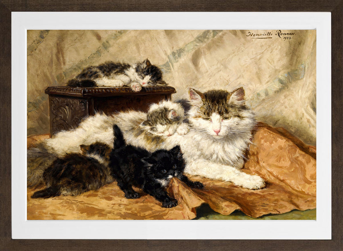 A Mother and Her Kittens (1903) by Henriette Ronner-Knip β brown frame
