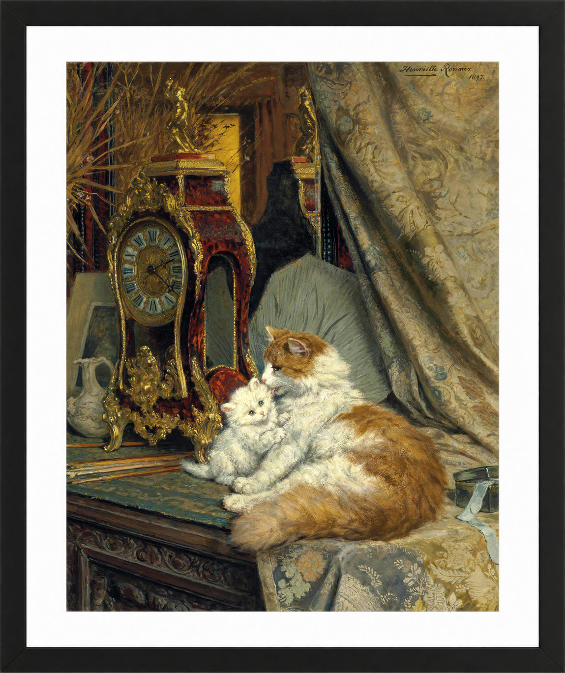 A Mother Cat and Her Kitten with a Bracket Clock (1897) by Henriette Ronner-Knip β black frame
