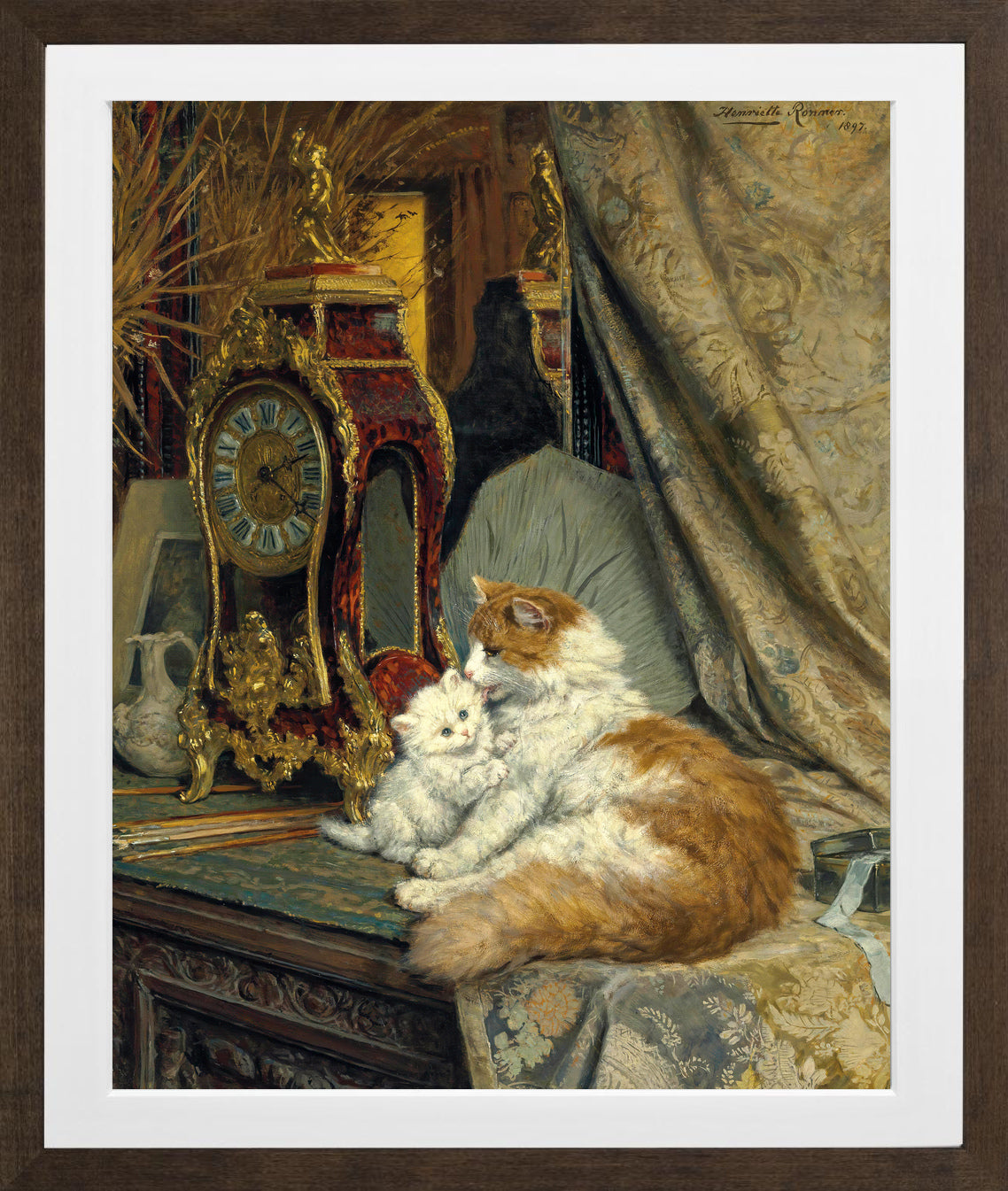 A Mother Cat and Her Kitten with a Bracket Clock (1897) by Henriette Ronner-Knip β brown frame