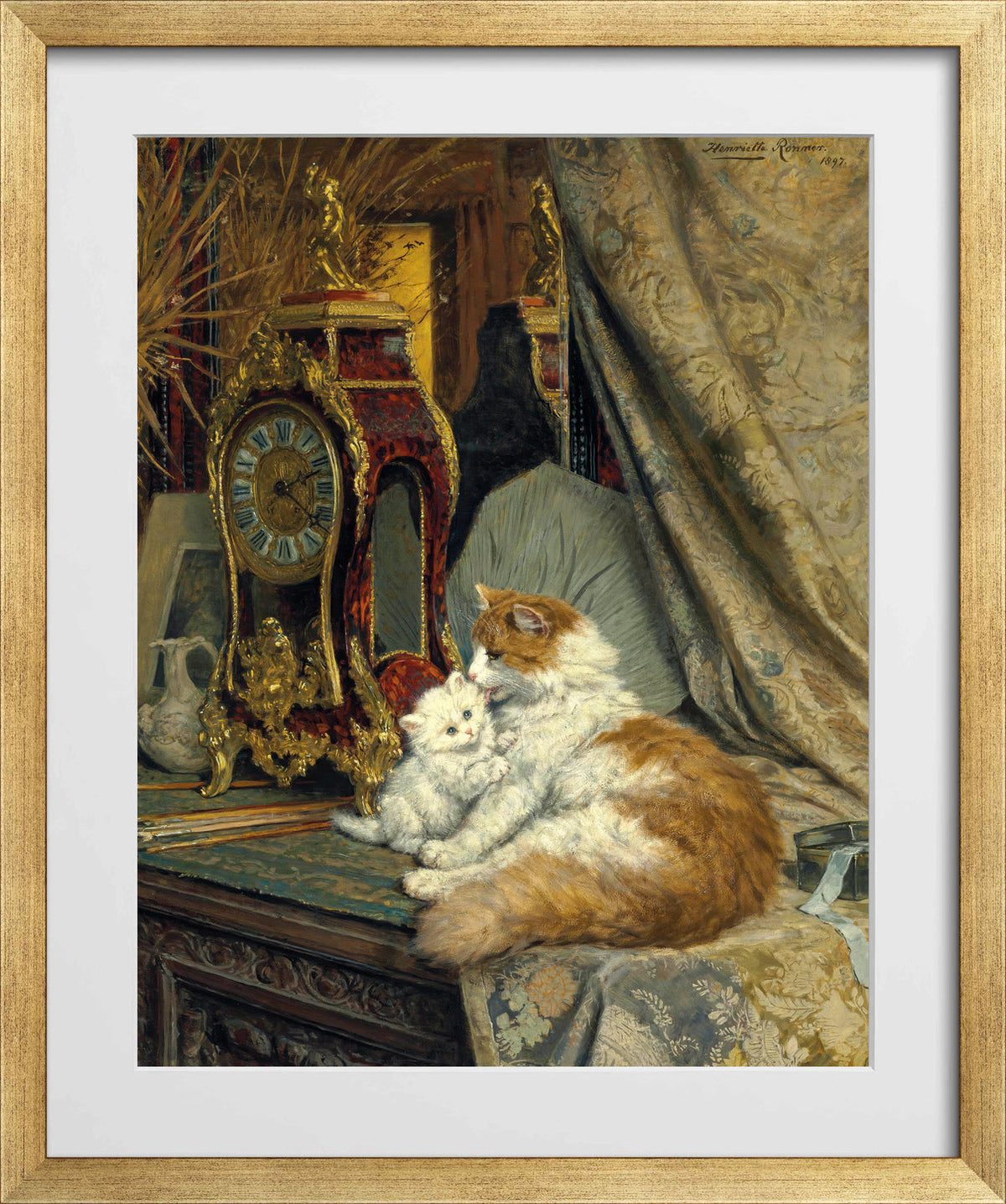 A Mother Cat and Her Kitten with a Bracket Clock (1897) by Henriette Ronner-Knip β gold frame