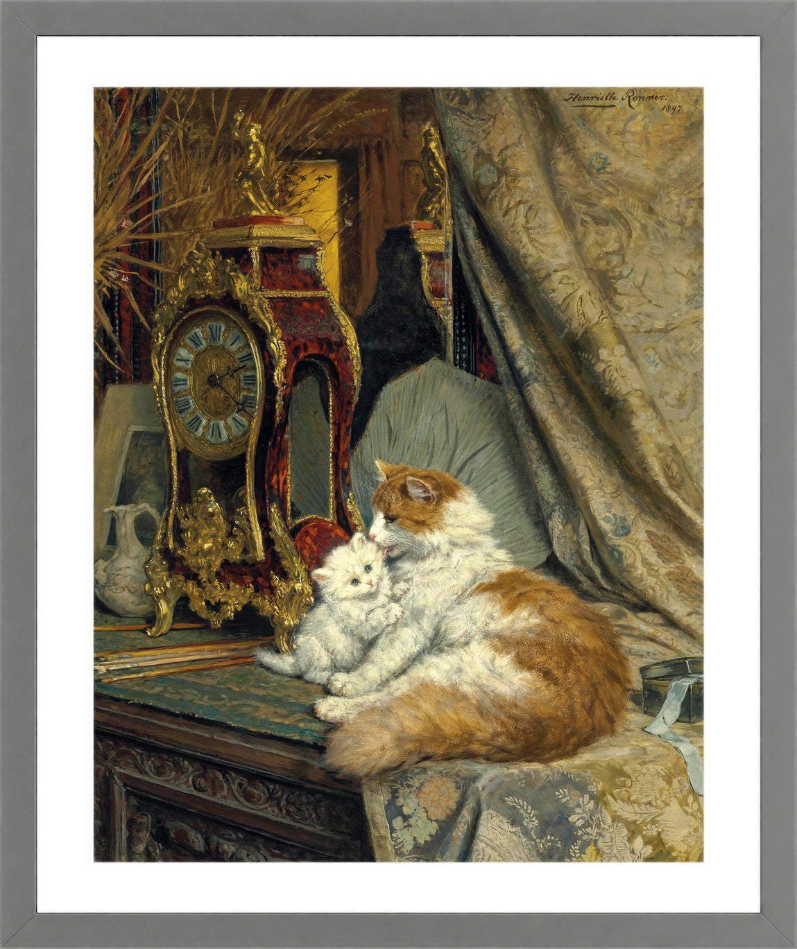 A Mother Cat and Her Kitten with a Bracket Clock (1897) by Henriette Ronner-Knip β light grey frame