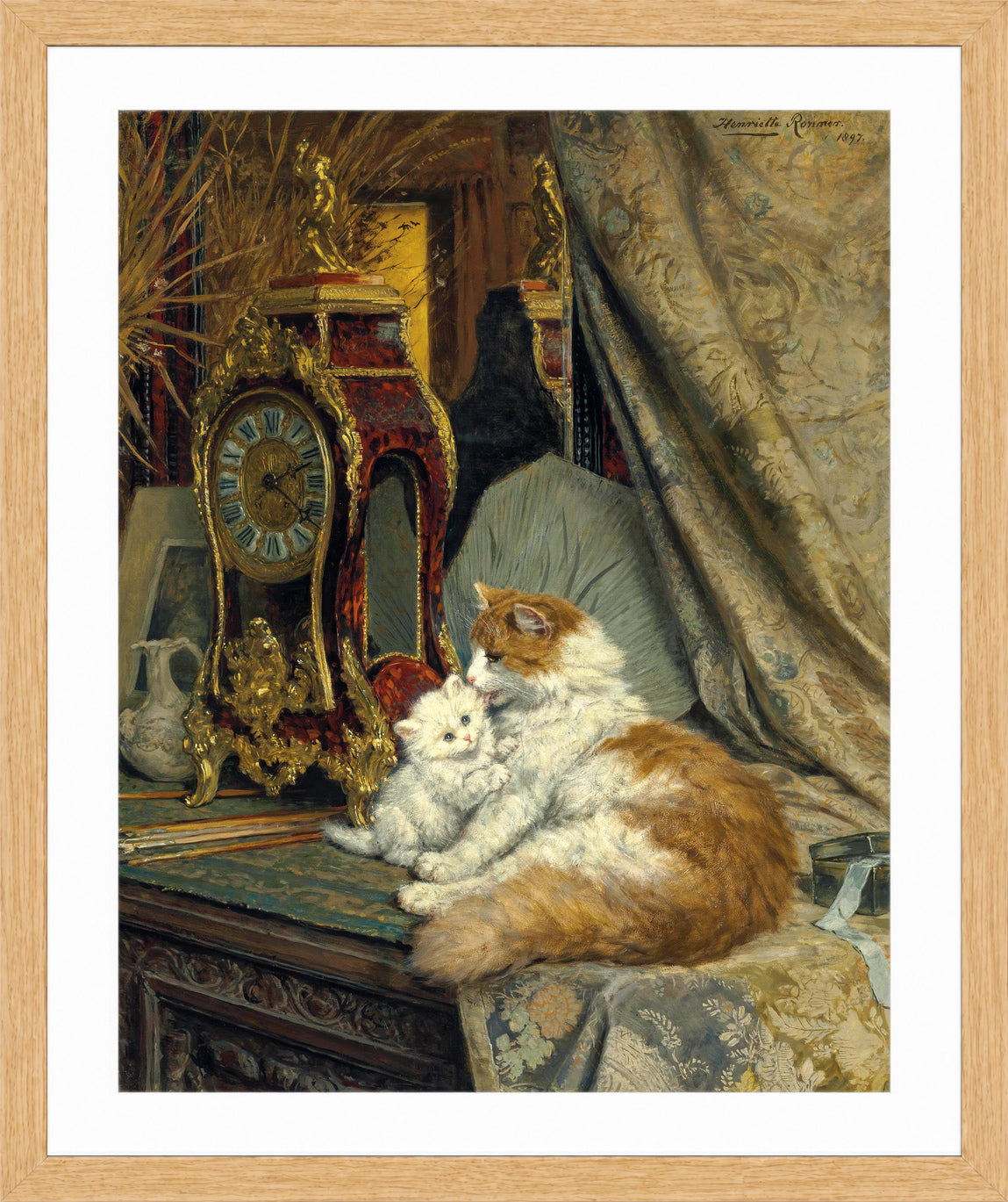 A Mother Cat and Her Kitten with a Bracket Clock (1897) by Henriette Ronner-Knip β oak frame
