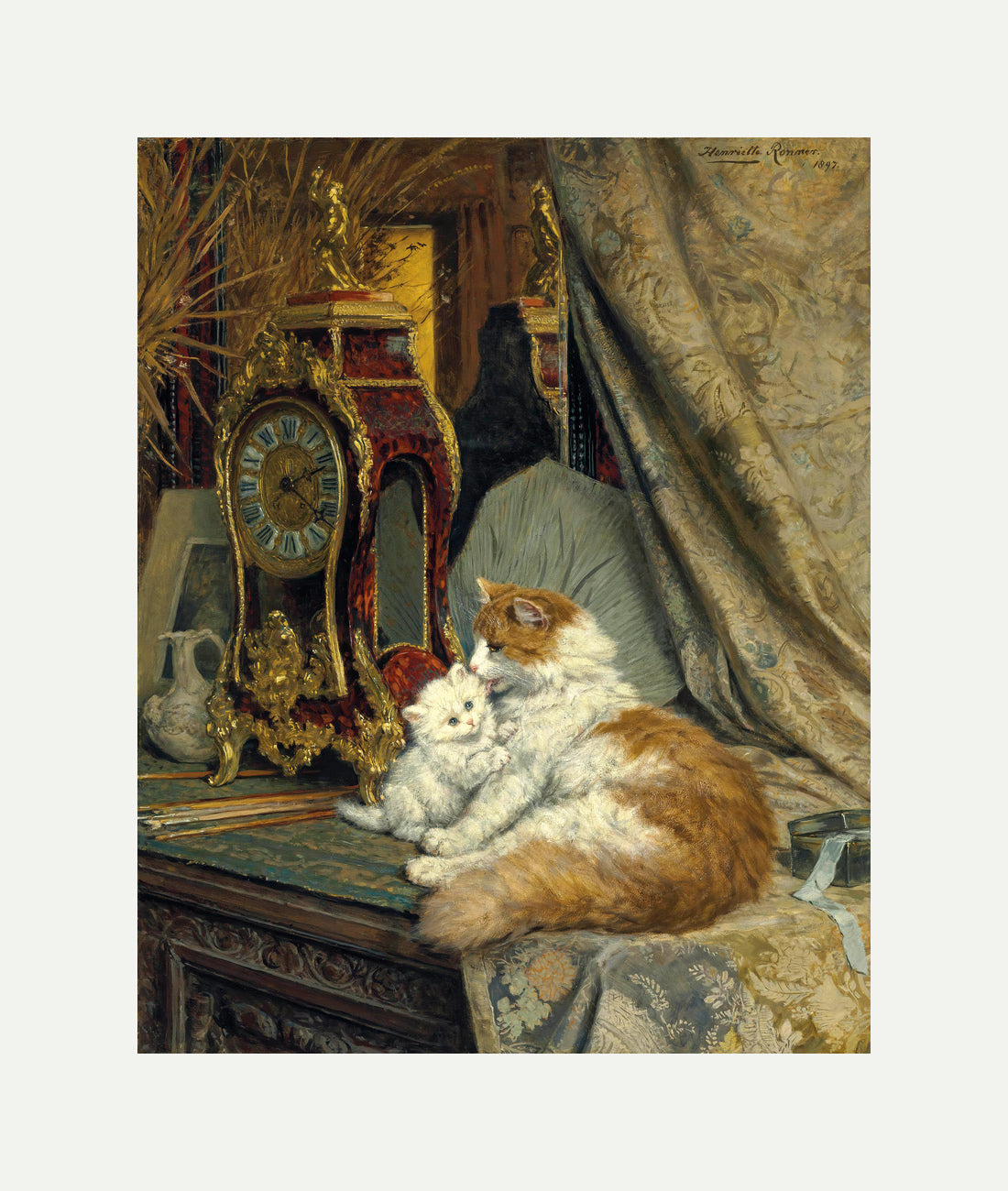 A Mother Cat and Her Kitten with a Bracket Clock (1897) by Henriette Ronner-Knip β rolled canvas