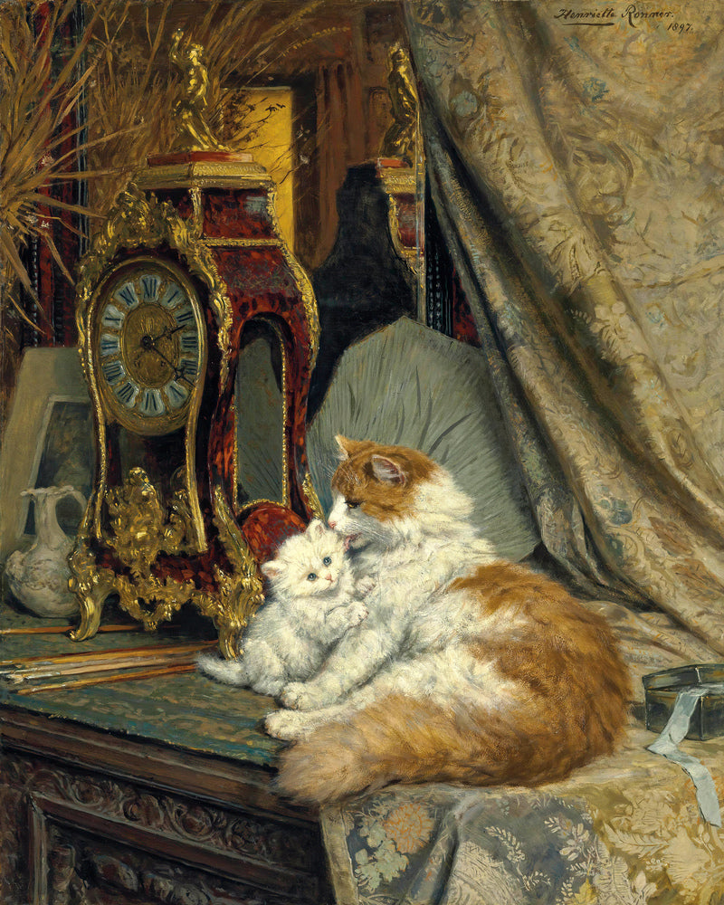 A Mother Cat and Her Kitten with a Bracket Clock (1897) by Henriette Ronner-Knip β unframed