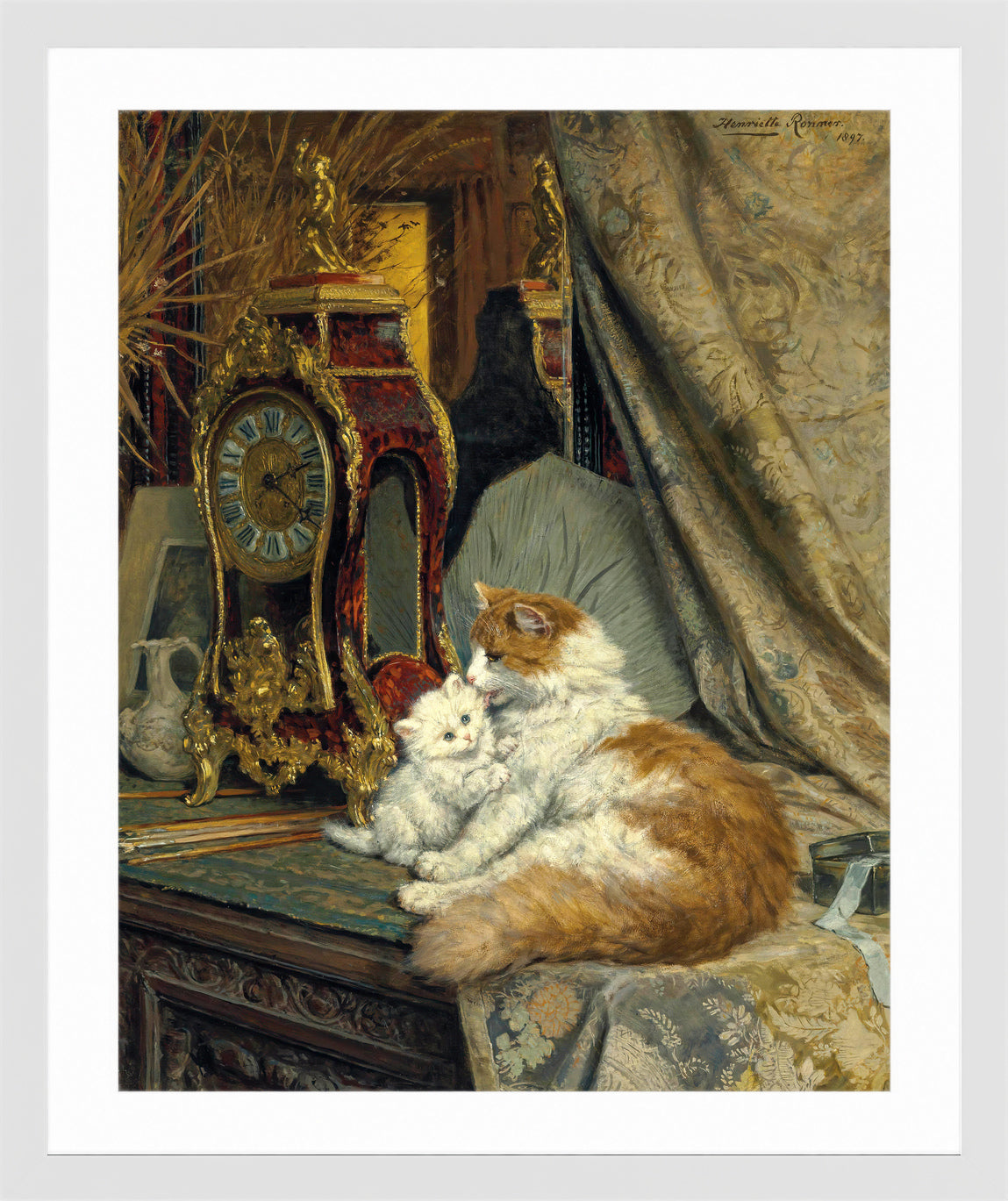 A Mother Cat and Her Kitten with a Bracket Clock (1897) by Henriette Ronner-Knip β white frame