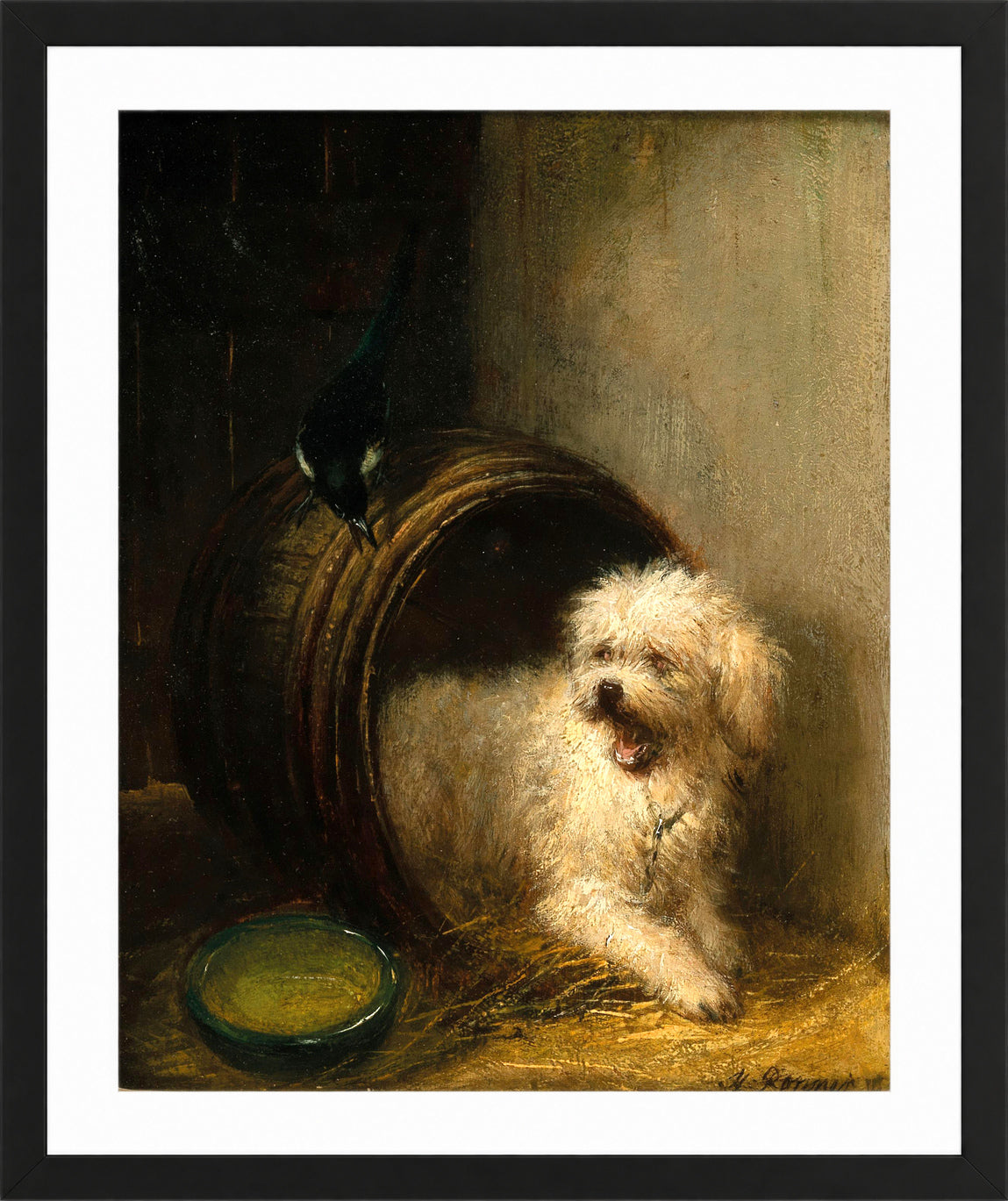 A Puppy in a Barrel by Henriette Ronner-Knip β black frame