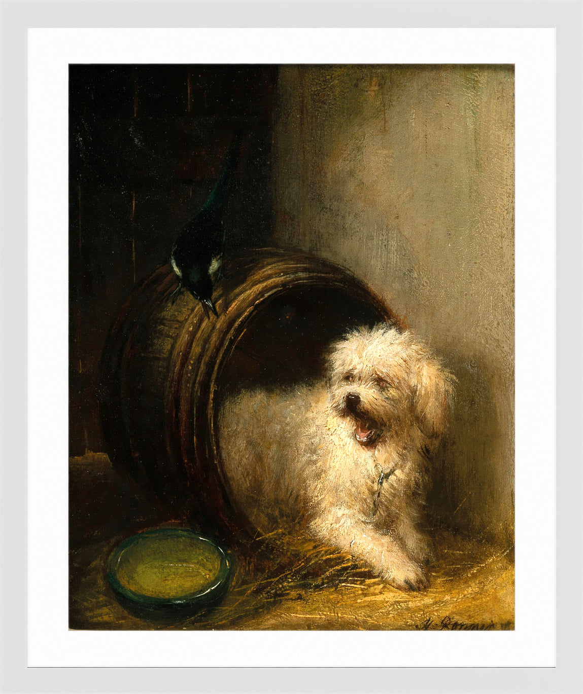 A Puppy in a Barrel by Henriette Ronner-Knip β white frame