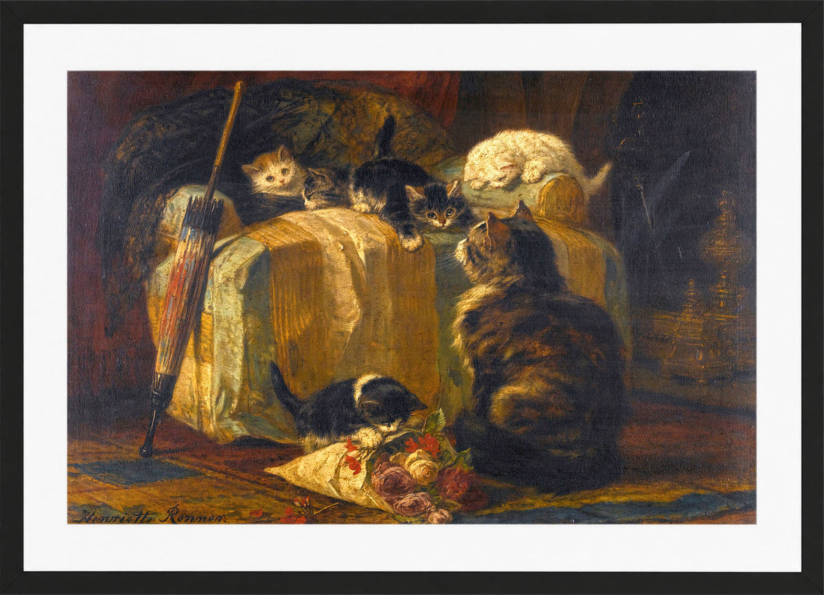 Kittens at Play — The Draped Chair by Henriette Ronner-Knip — black frame