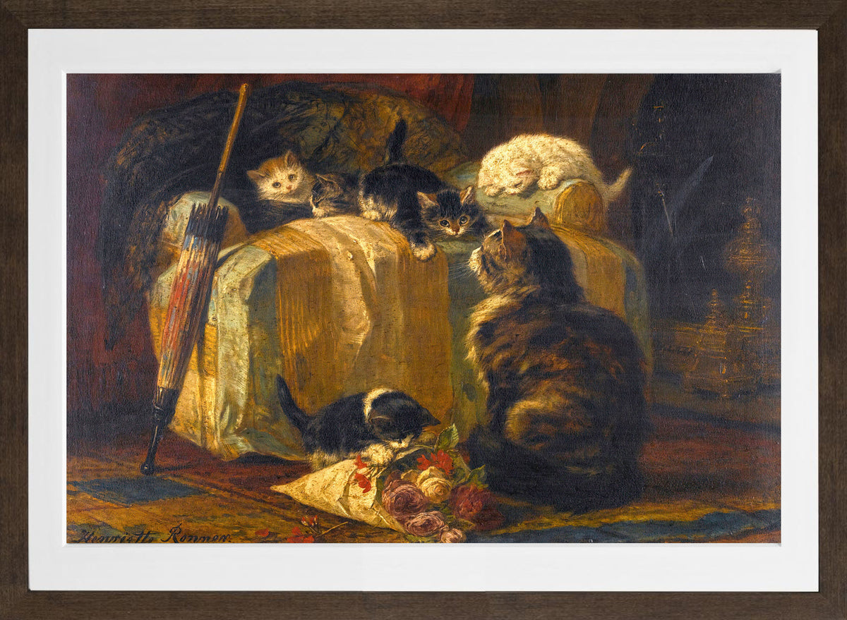 Kittens at Play — The Draped Chair by Henriette Ronner-Knip — brown frame