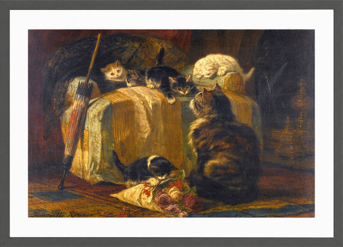 Kittens at Play — The Draped Chair by Henriette Ronner-Knip — dark grey frame