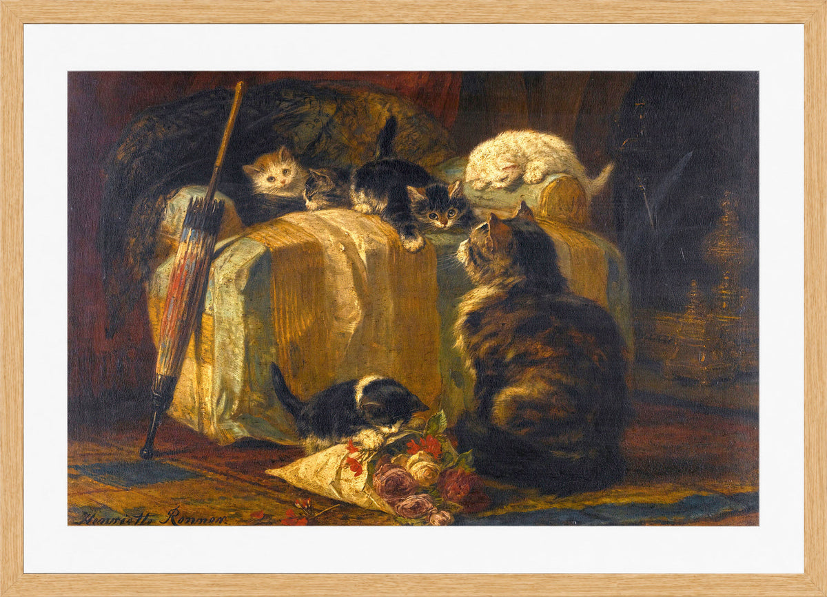Kittens at Play — The Draped Chair by Henriette Ronner-Knip — oak frame