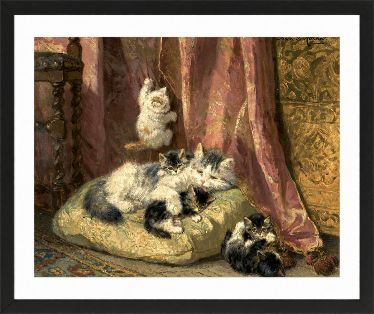 Kittens at Play β The Hanging Cord by Henriette Ronner-Knip β black frame