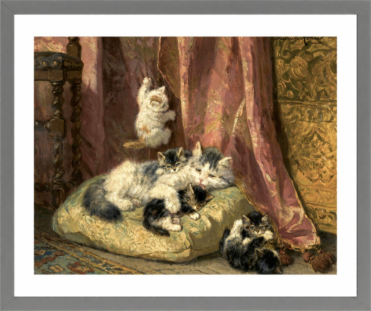Kittens at Play β The Hanging Cord by Henriette Ronner-Knip β light grey frame