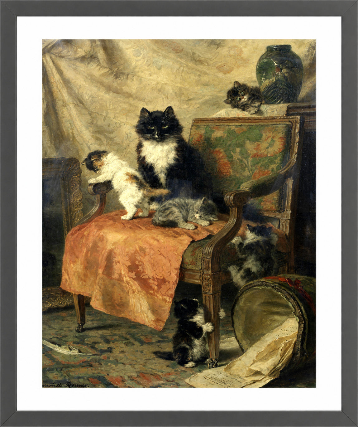 Kittens at Play β The Orange Chair by Henriette Ronner-Knip β dark grey frame