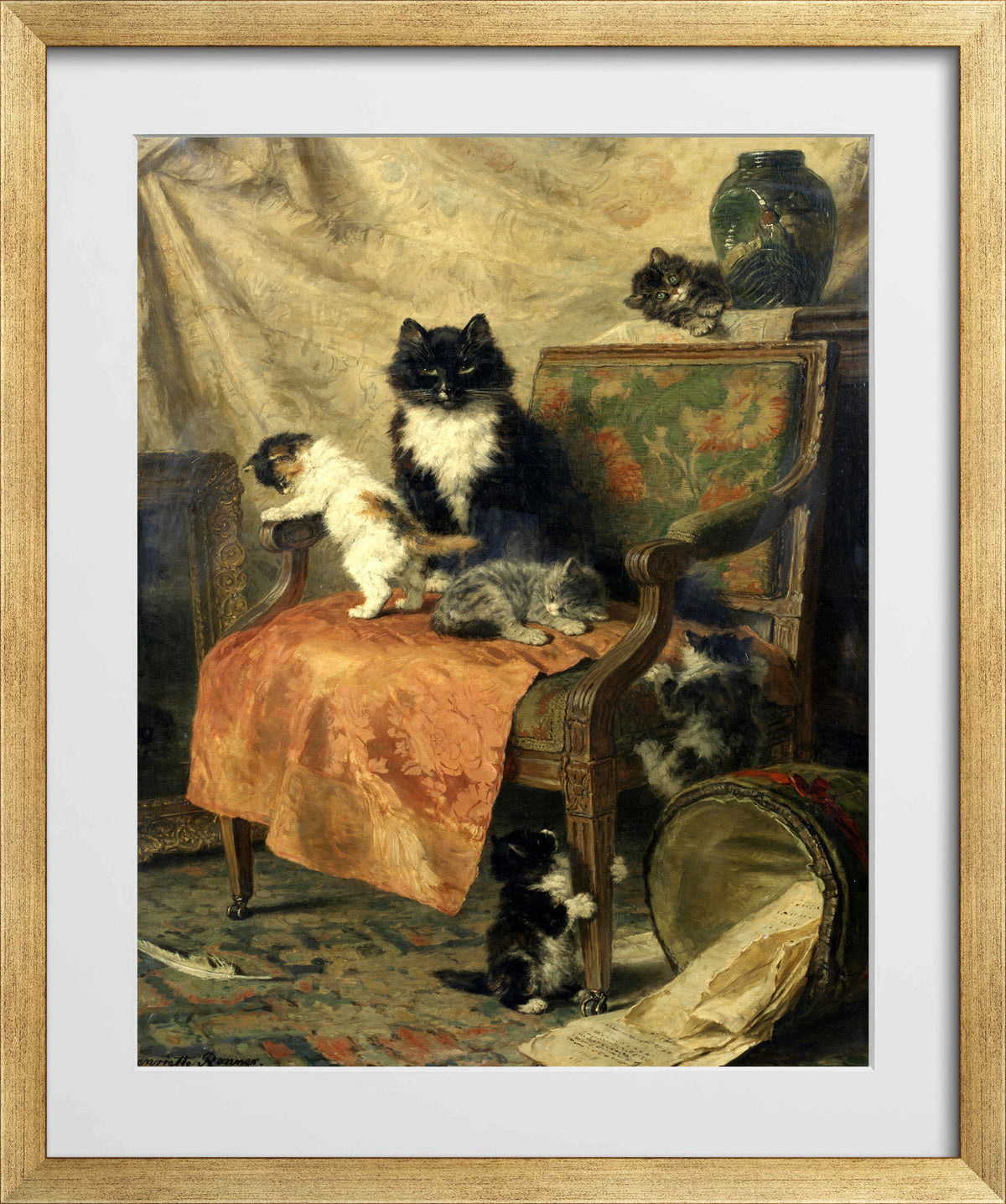 Kittens at Play β The Orange Chair by Henriette Ronner-Knip β gold frame