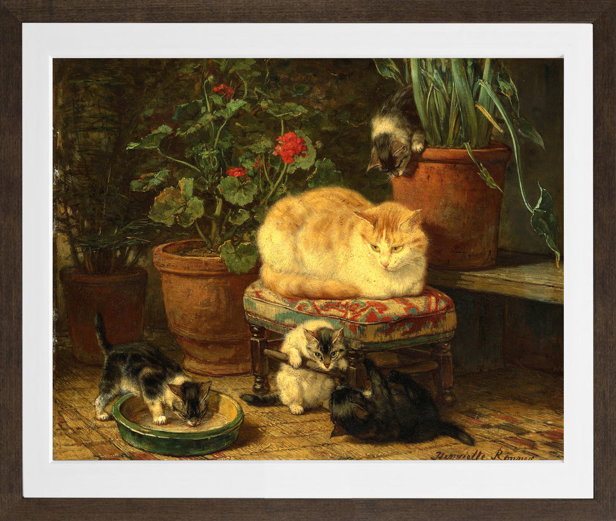 Kittens at Play β Among the Flowerpots by Henriette Ronner-Knip β brown frame