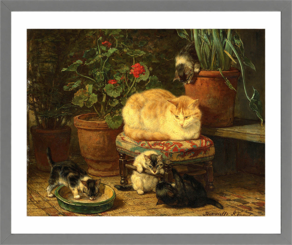 Kittens at Play β Among the Flowerpots by Henriette Ronner-Knip β light grey frame
