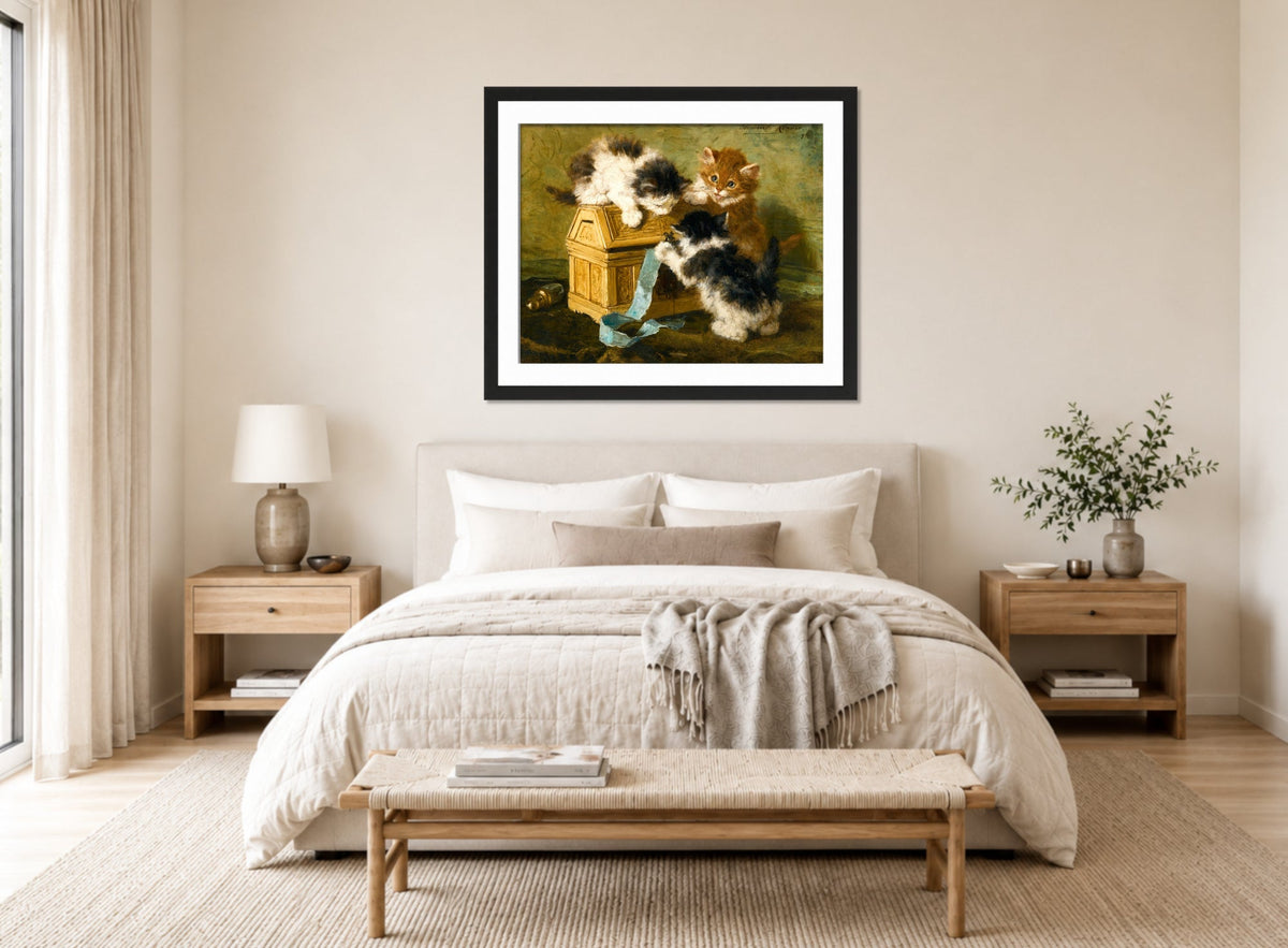 Three Kittens with a Casket and Blue Ribbon (1894) by Henriette Ronner-Knip β bedroom