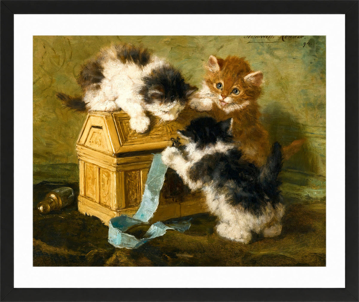Three Kittens with a Casket and Blue Ribbon (1894) by Henriette Ronner-Knip β black frame