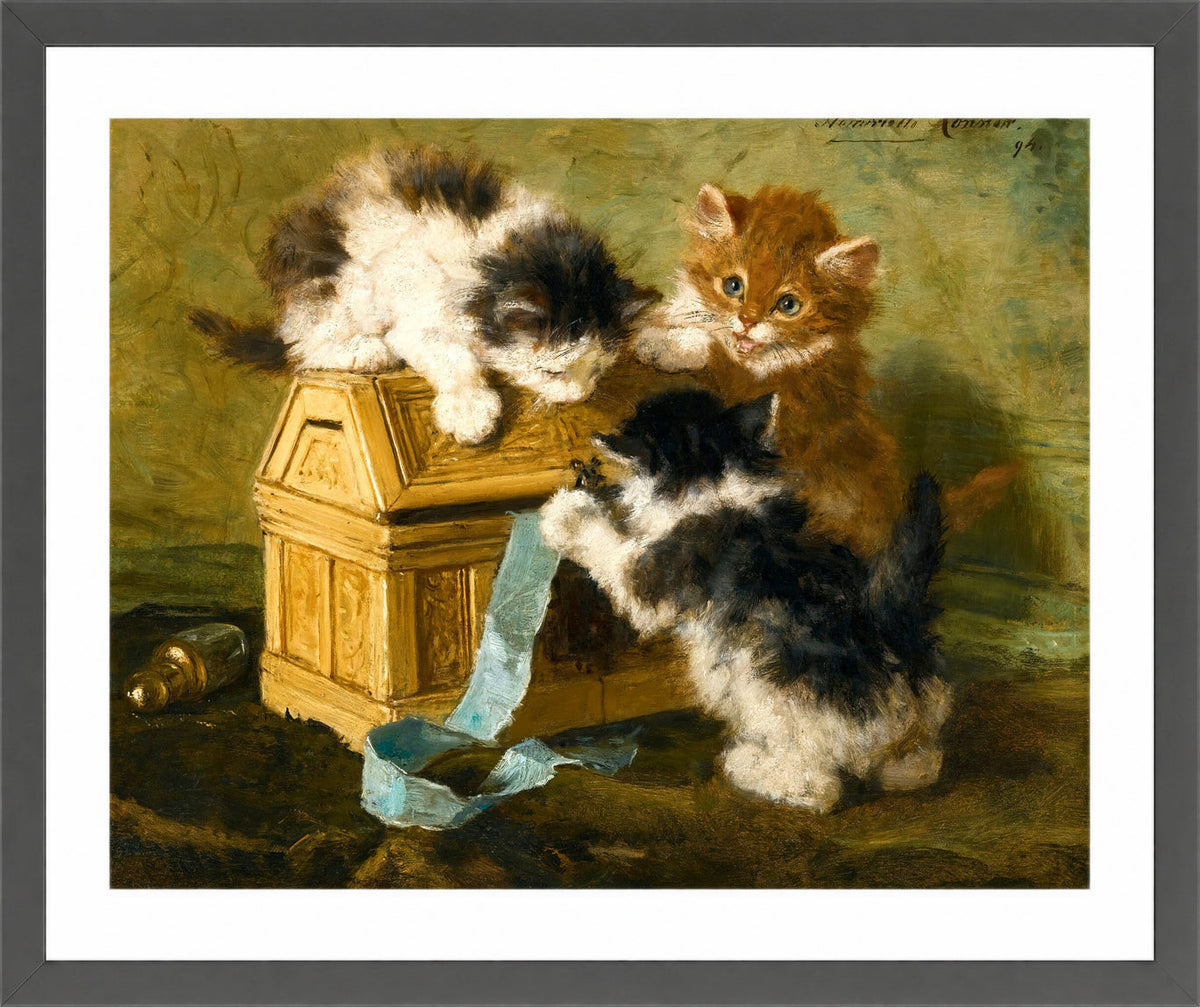 Three Kittens with a Casket and Blue Ribbon (1894) by Henriette Ronner-Knip β dark grey frame