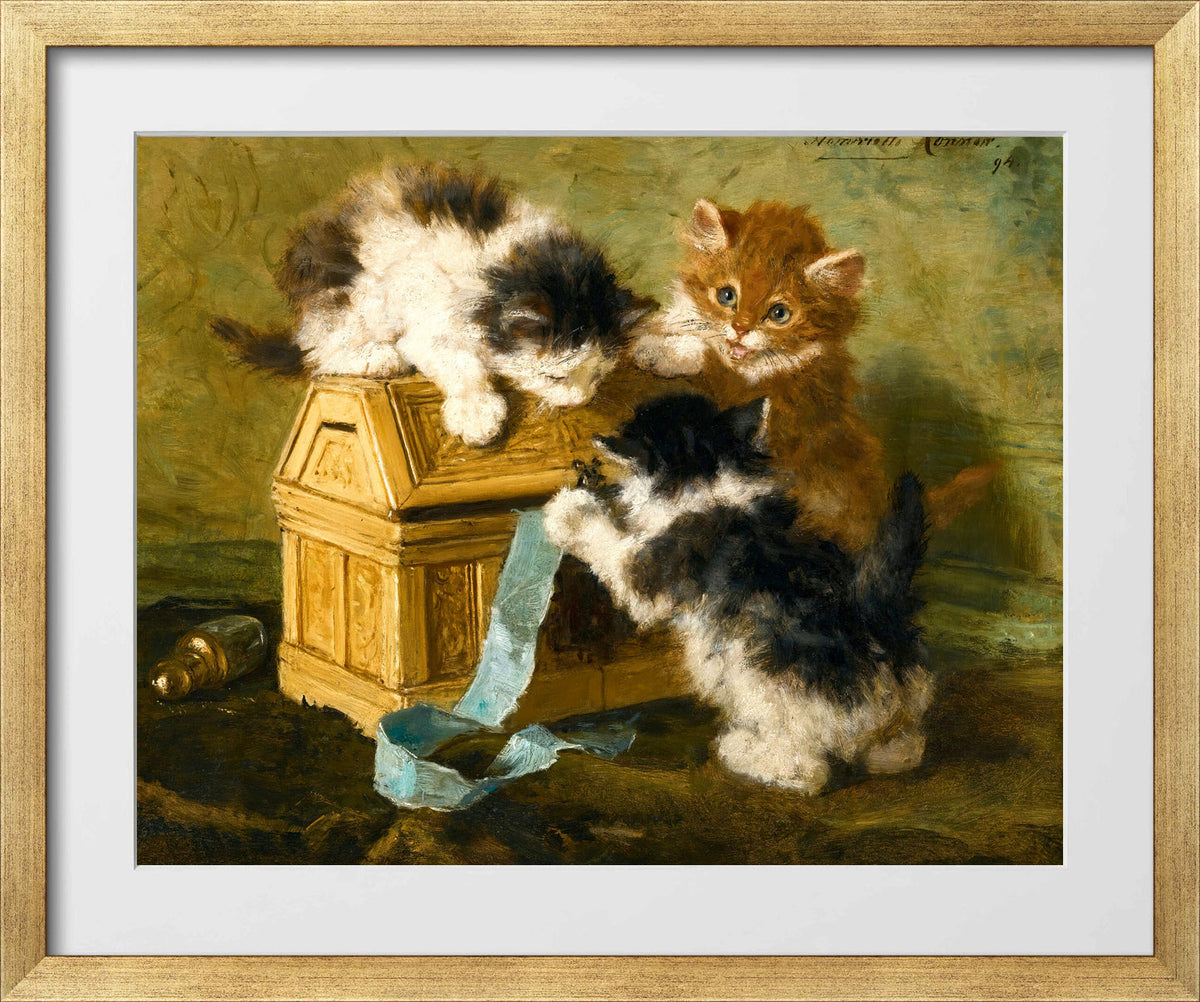 Three Kittens with a Casket and Blue Ribbon (1894) by Henriette Ronner-Knip β gold frame