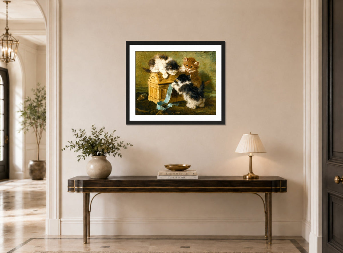 Three Kittens with a Casket and Blue Ribbon (1894) by Henriette Ronner-Knip β hallway