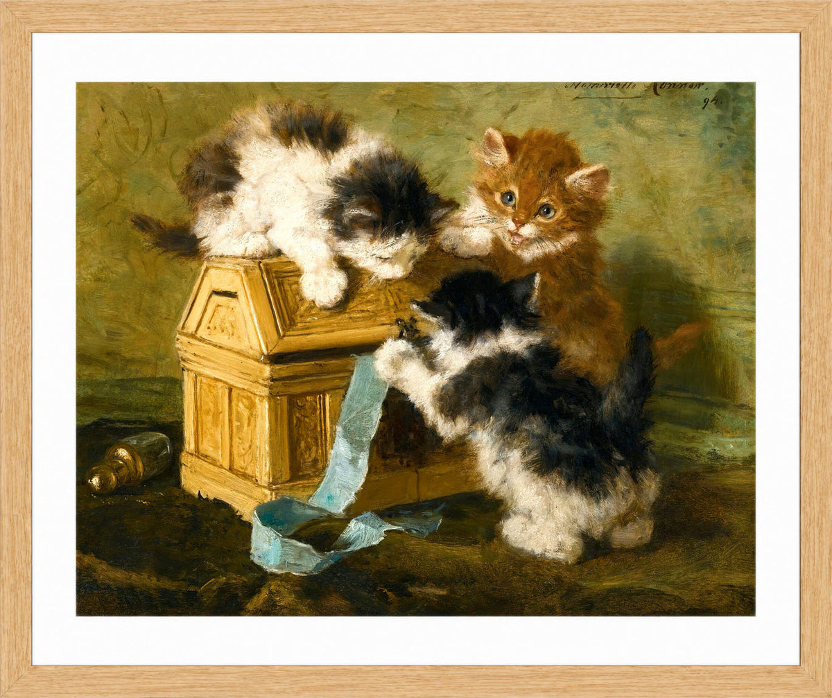 Three Kittens with a Casket and Blue Ribbon (1894) by Henriette Ronner-Knip β oak frame