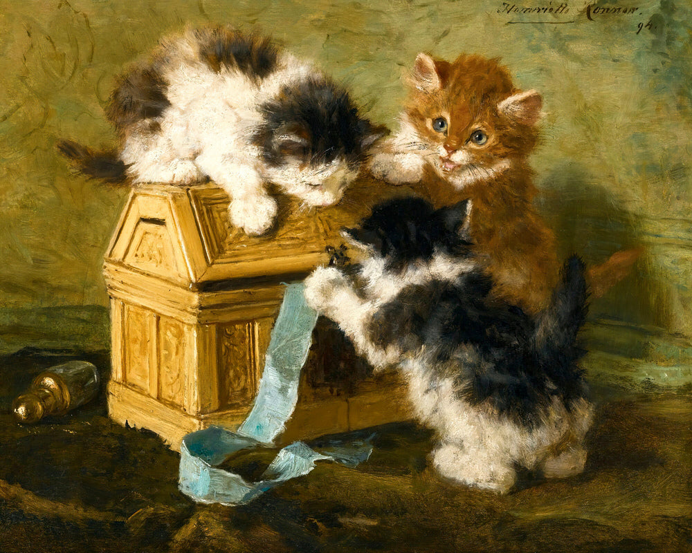 Three Kittens with a Casket and Blue Ribbon (1894) by Henriette Ronner-Knip β unframed
