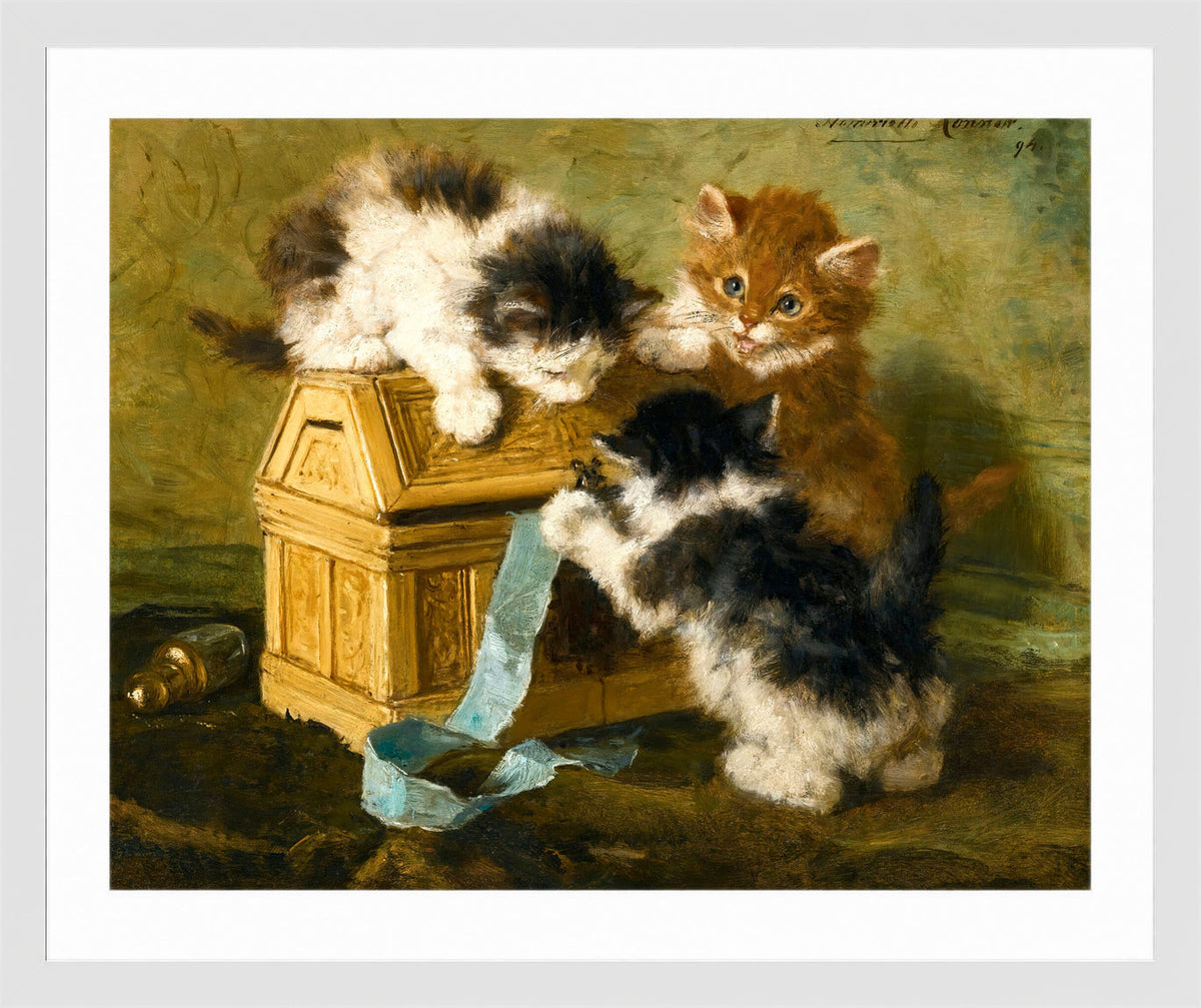 Three Kittens with a Casket and Blue Ribbon (1894) by Henriette Ronner-Knip β white frame