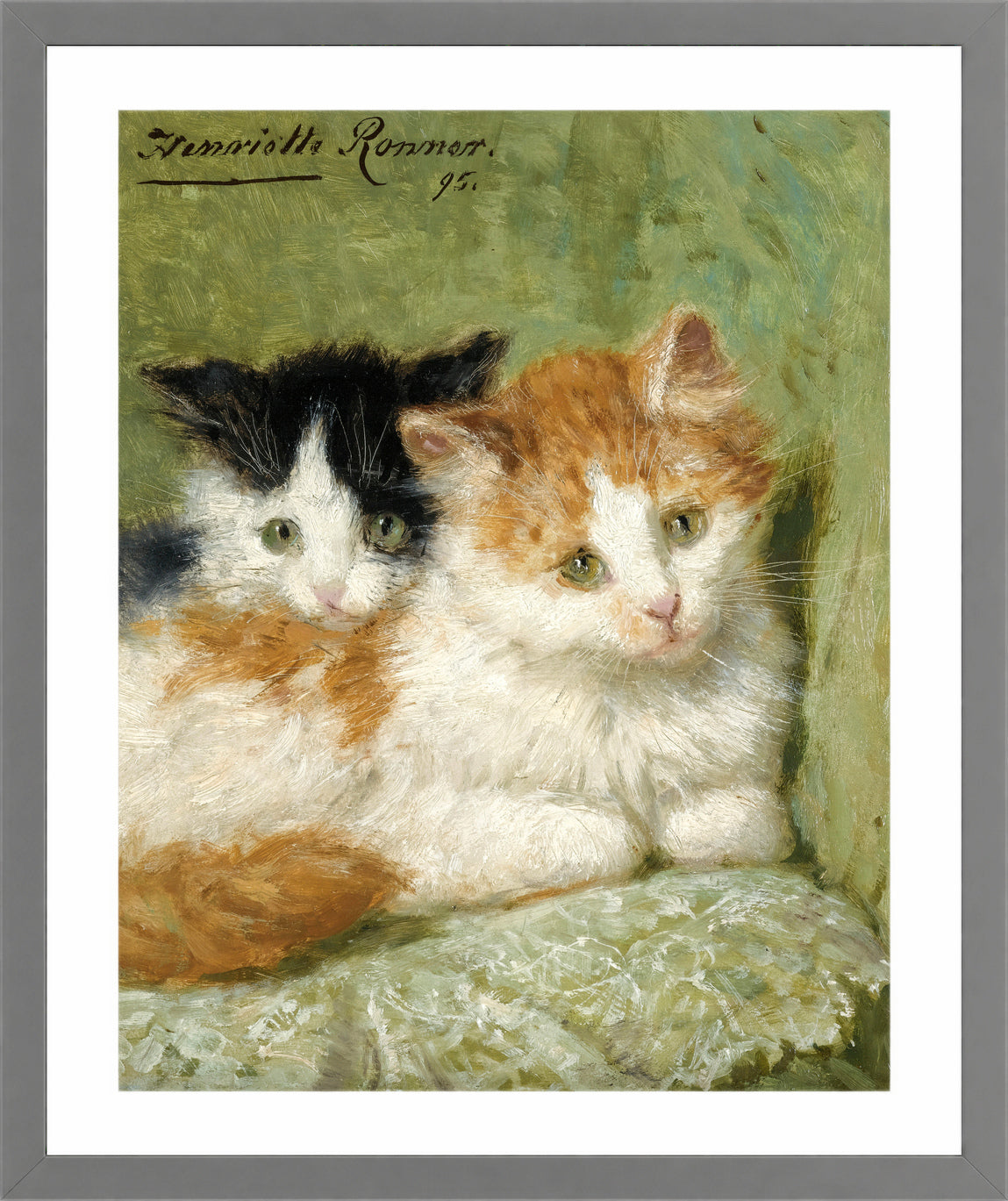 Two Kittens Sitting on a Cushion (1895) by Henriette Ronner-Knip β light grey frame